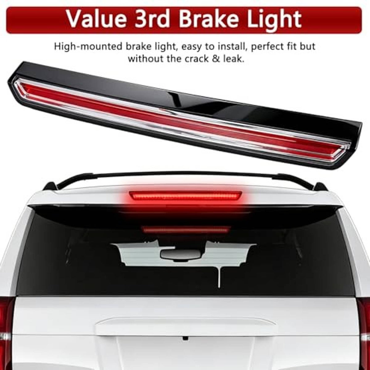 High-mounted LED brake light with red LED strip and chrome bezel