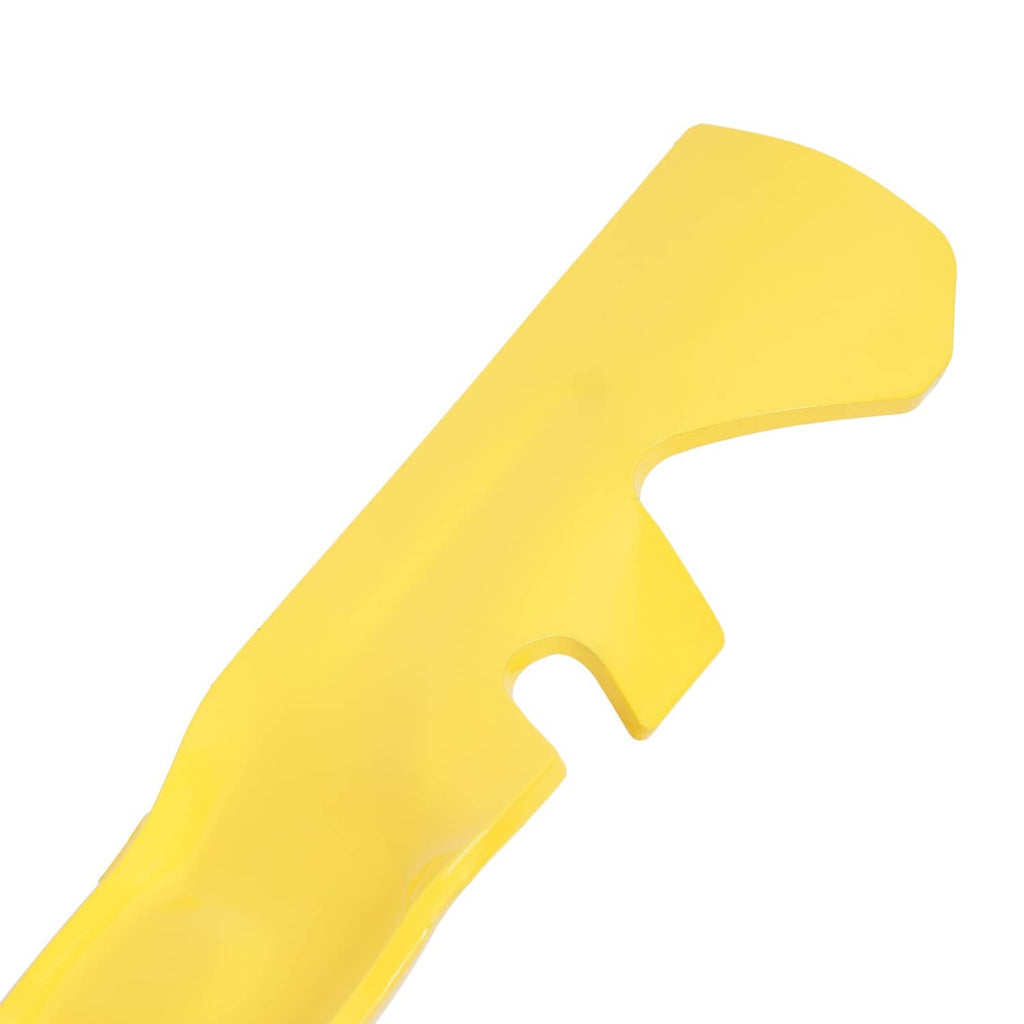 Yellow mulching mower blade end with mounting hole cutout