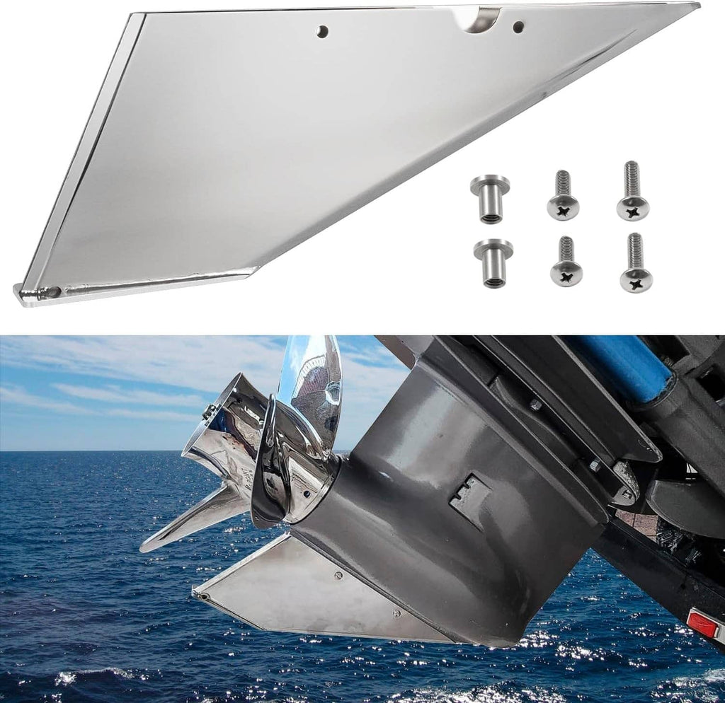 Silver inboard skeg guard plate with mounting bolts and screws, angled view