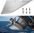 Silver inboard skeg guard plate with mounting bolts and screws, angled view