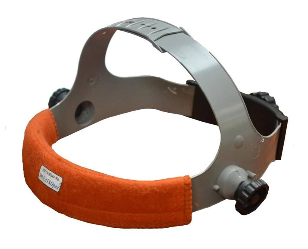 Welding helmet sweatband pad with orange-brown fleece edge and adjustable dial