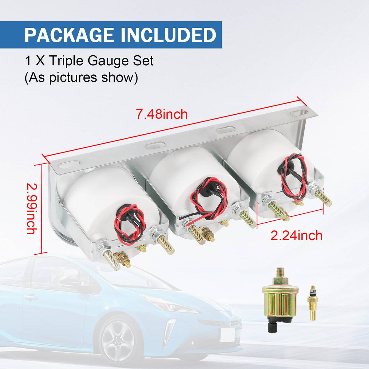 Triple gauge set with mounting frame and included sensor parts shown with dimensions