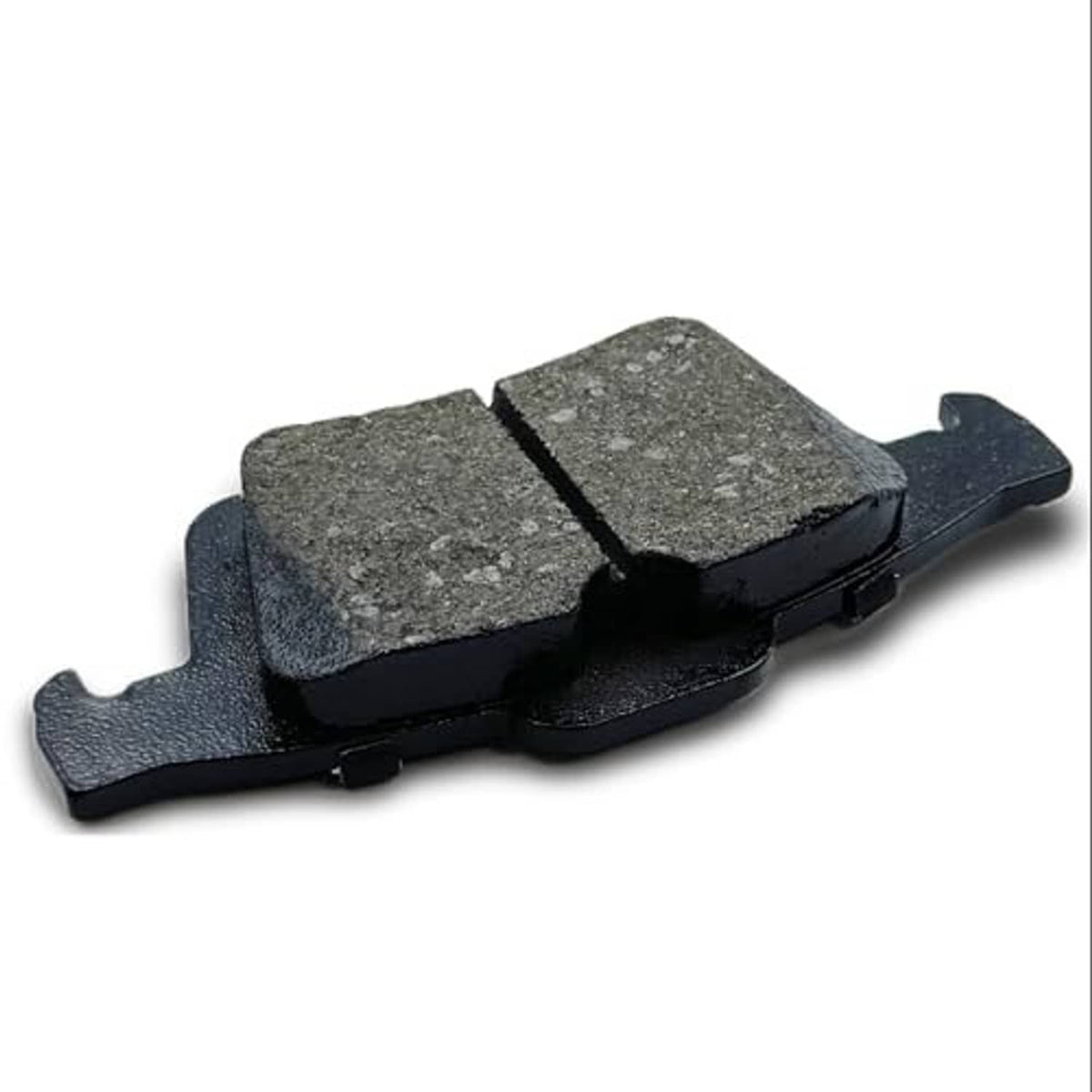 Ceramic brake pad shown from the side, gray friction material on black backing