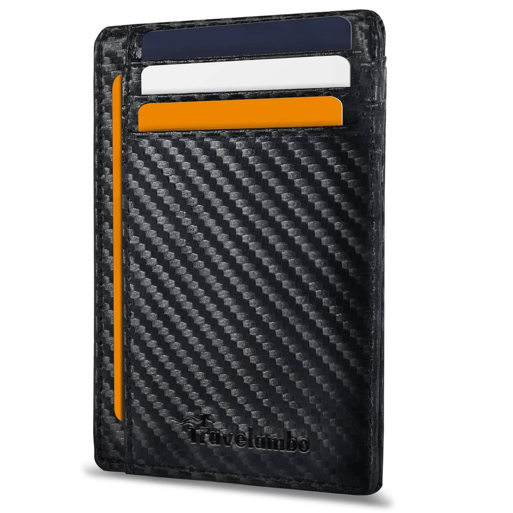 Black carbon-fiber slim leather wallet with front pocket and RFID card slot