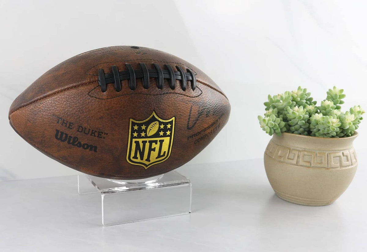 Clear acrylic football display stand with transparent pedestal and base
