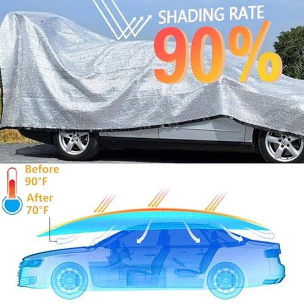 Aluminized shade cloth draped over car, providing reflective sun protection