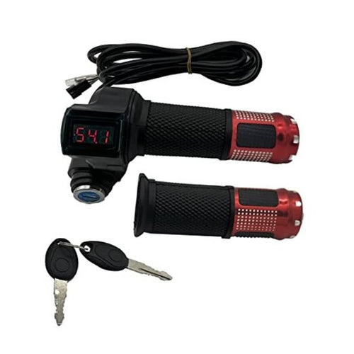 Ebike throttle grip set with LCD display, black textured grips and red end caps