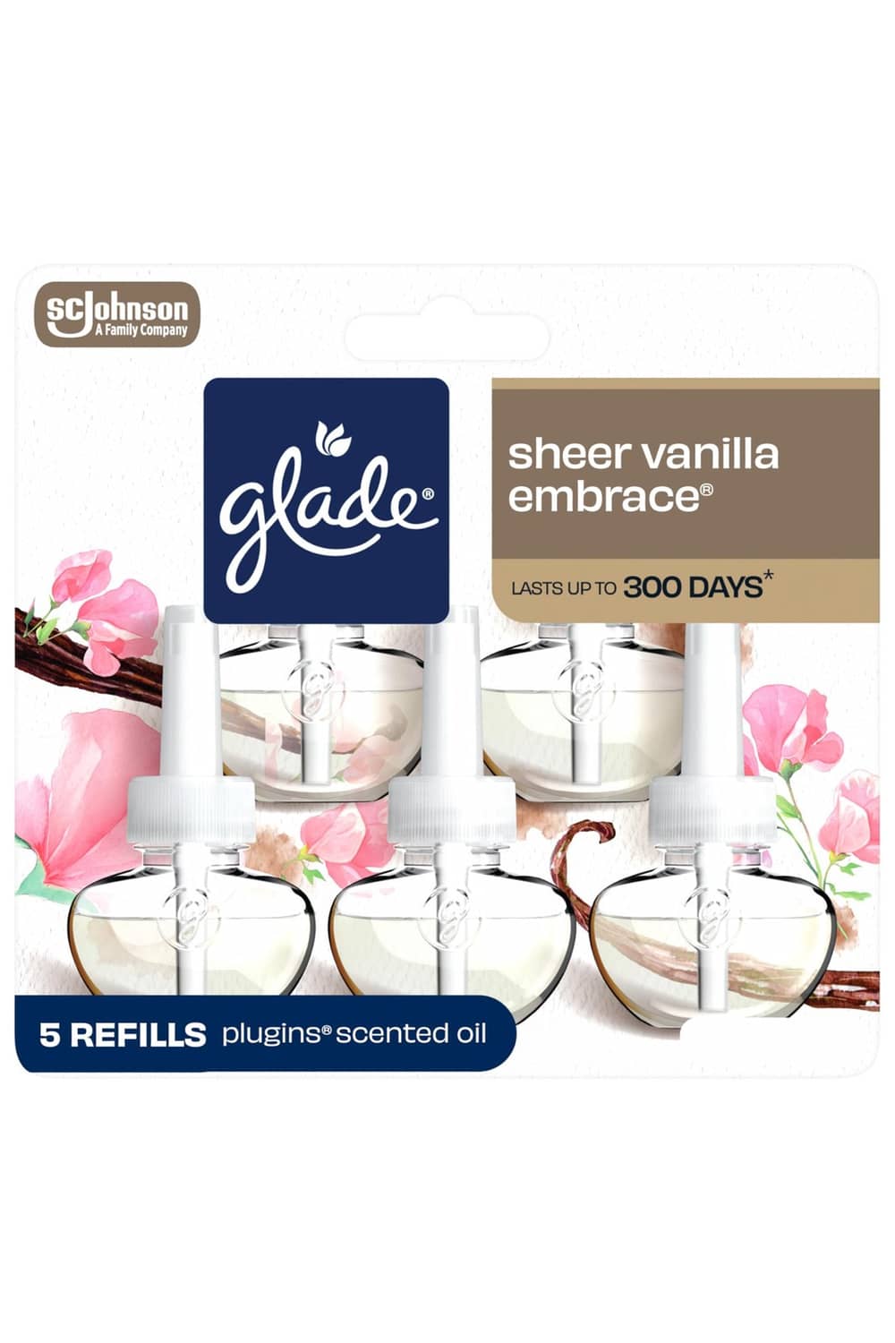 Glade PlugIns sheer vanilla embrace refill pack with five clear scented oil bottles