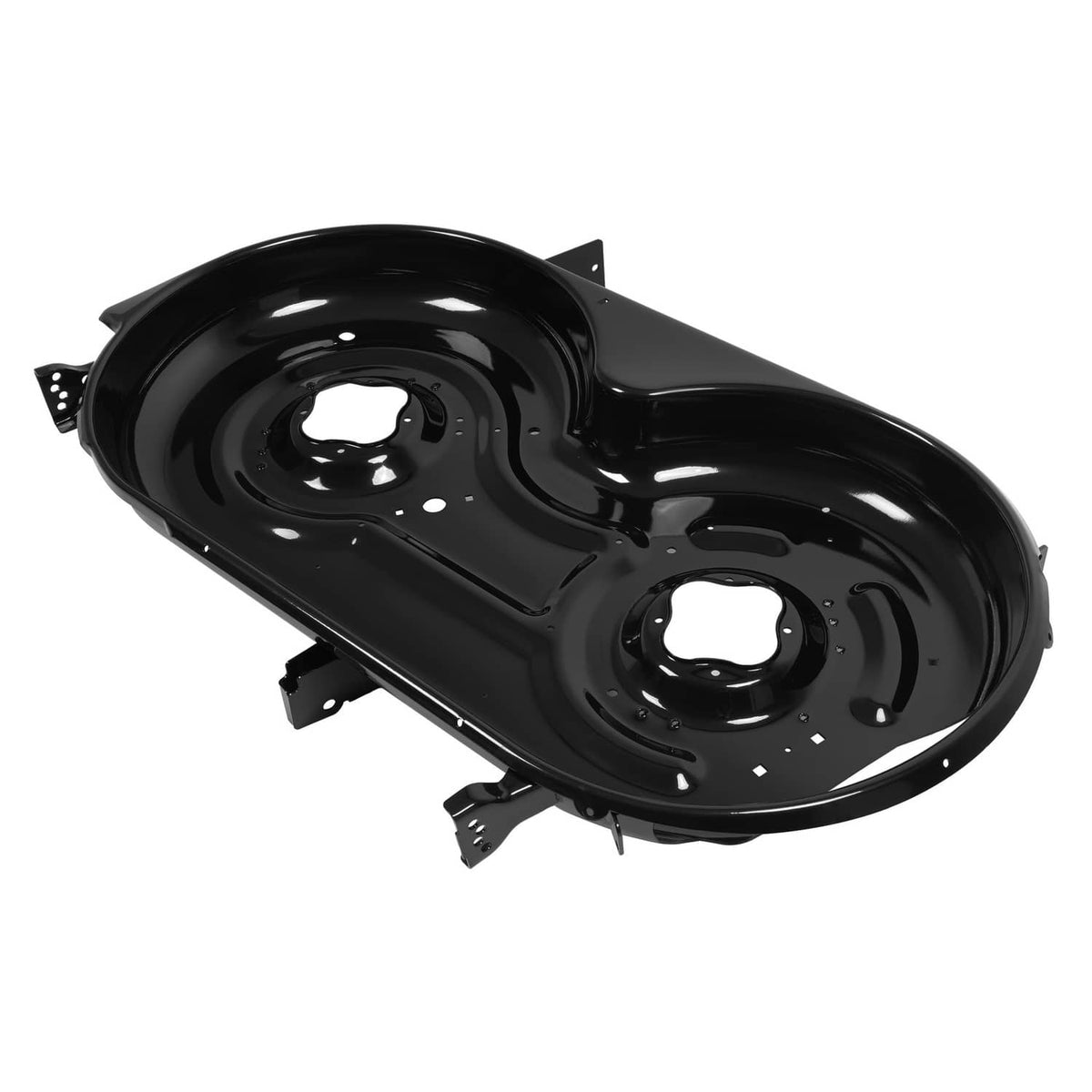 Black mower deck shell underside with spindle openings and support brackets