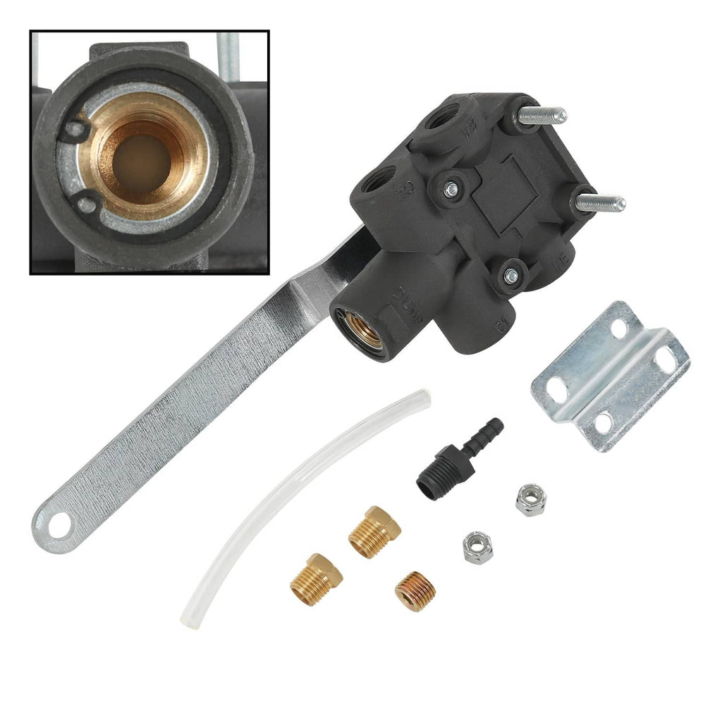 Leveling valve assembly with bent metal arm, ports, and included fittings and screws