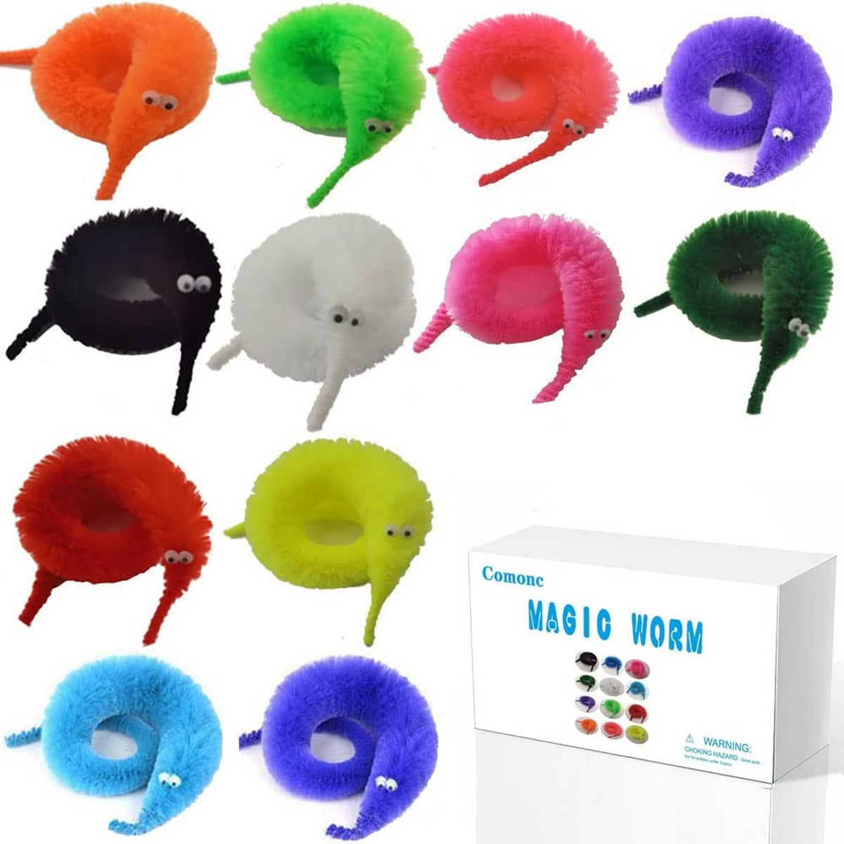Assorted fuzzy twisty worm toys on strings with googly eyes, multiple colors