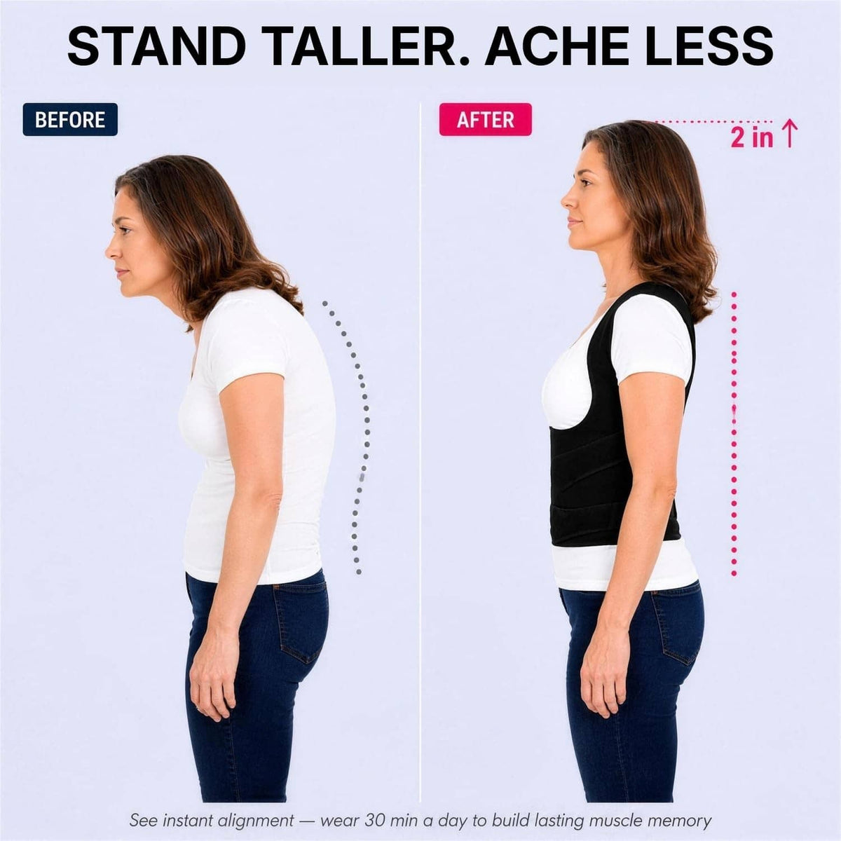 Black full-back posture brace with supportive straps shown in side profile