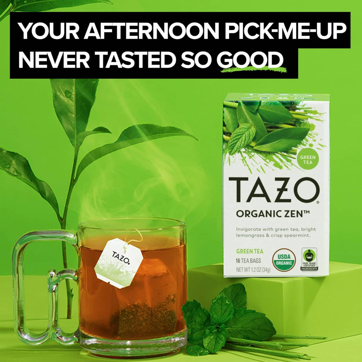 TAZO Organic Zen green tea box with glass cup of green tea and mint leaves
