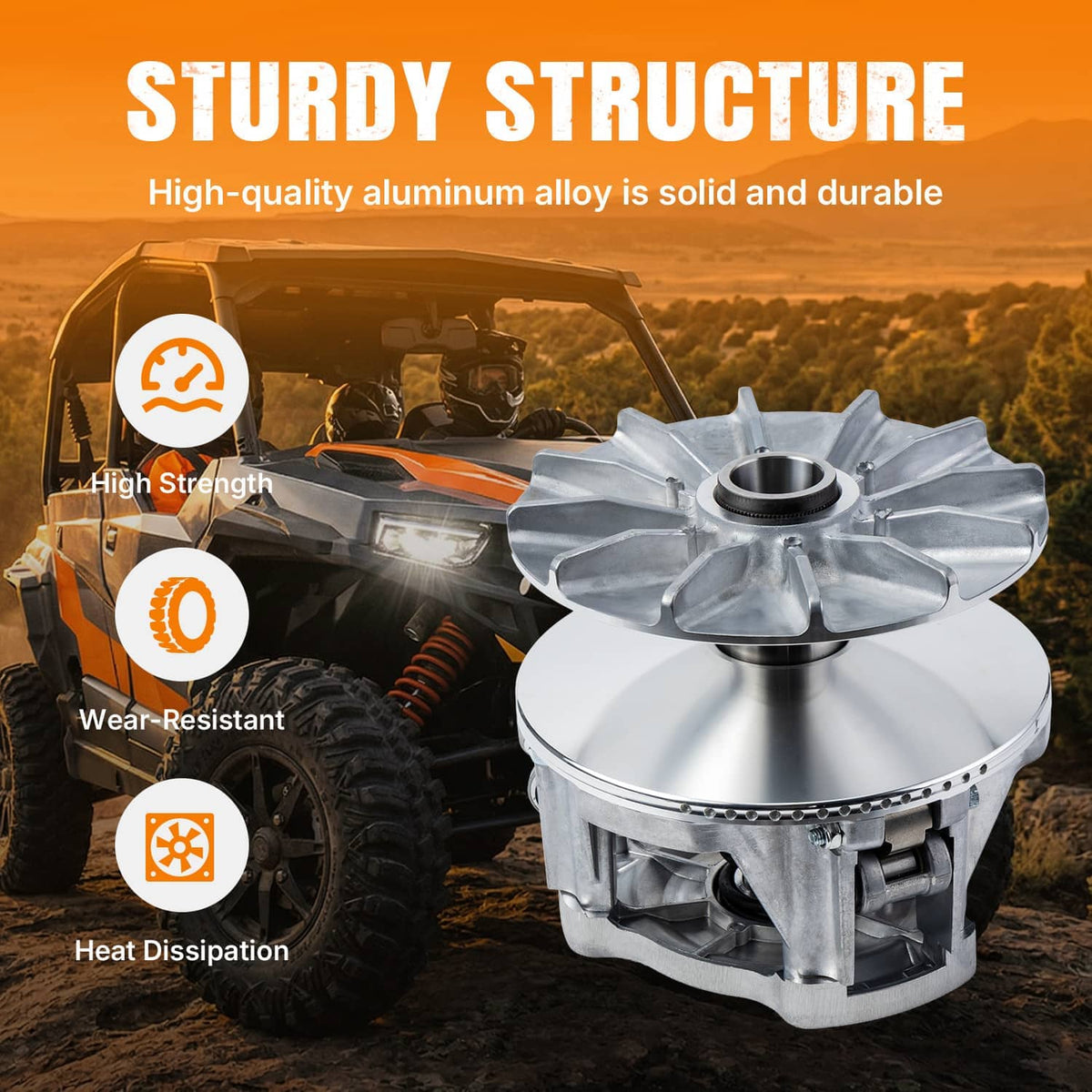 Front aluminum clutch pulley with center shaft opening and spoke design, silver metal