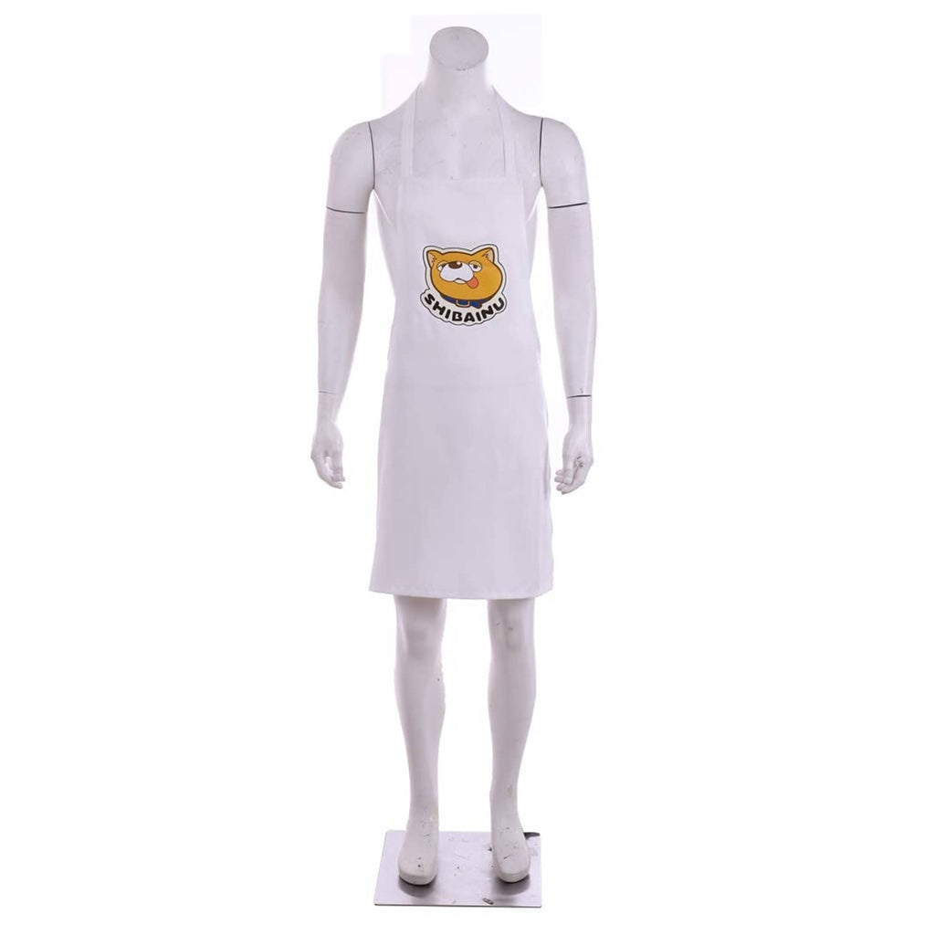White apron on mannequin with center SHIBAINU logo and neck strap
