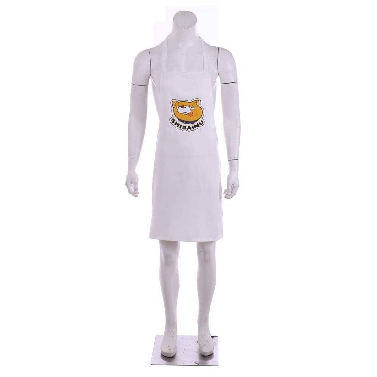 White apron on mannequin with center SHIBAINU logo and neck strap