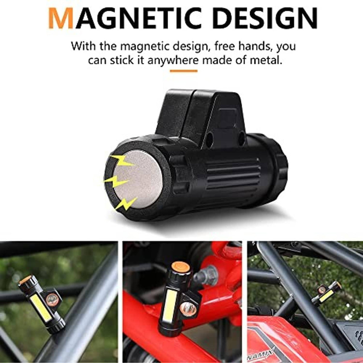 Magnetic UTV dome light with black housing and orange accent ring, compact design