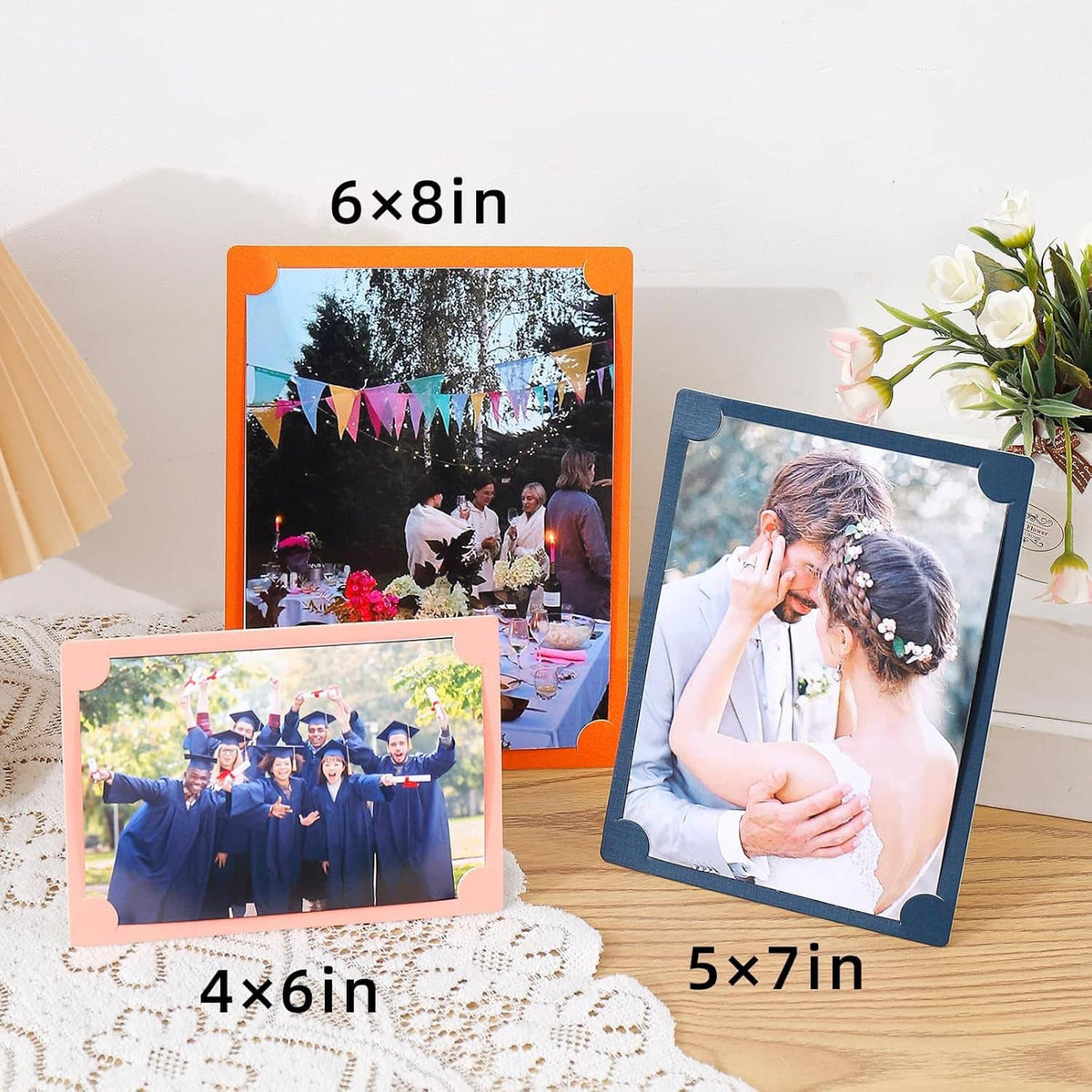 Set of cardboard photo frames with easels showing 4x6, 5x7, and 6x8 sizes, graduation photos