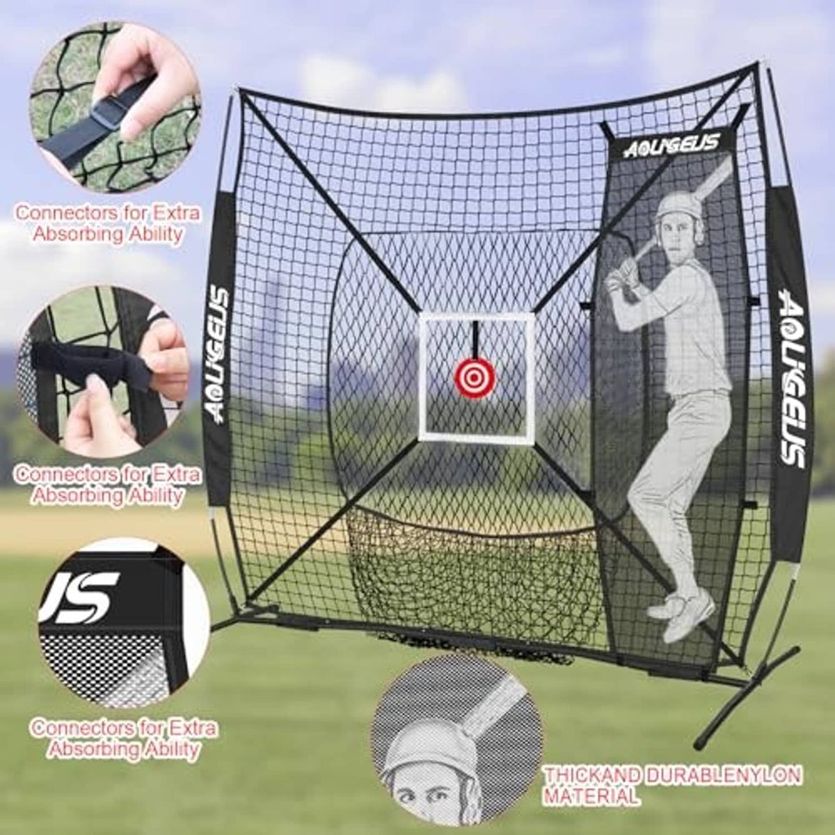Black practice net with target and gray dummy batter plus quick-connect frame connectors