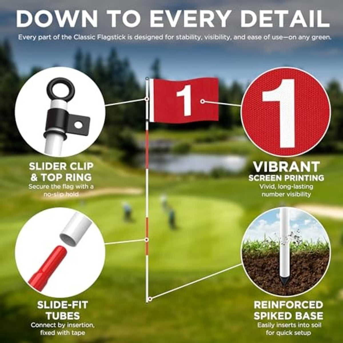 Red golf flag set with number 1 flag and white spiked hole cup