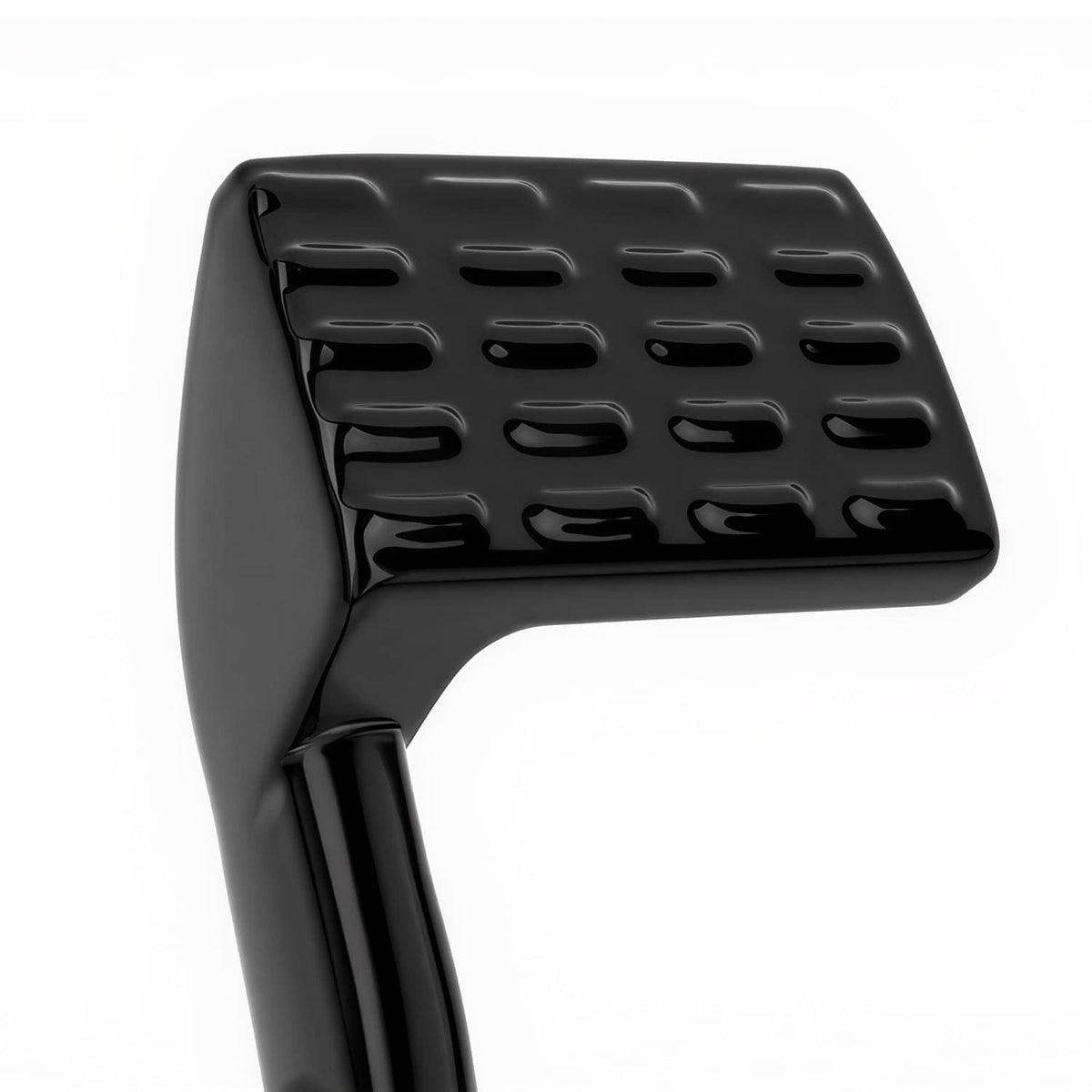 Black metal footpeg with textured tread and mounting arm for motorcycle controls