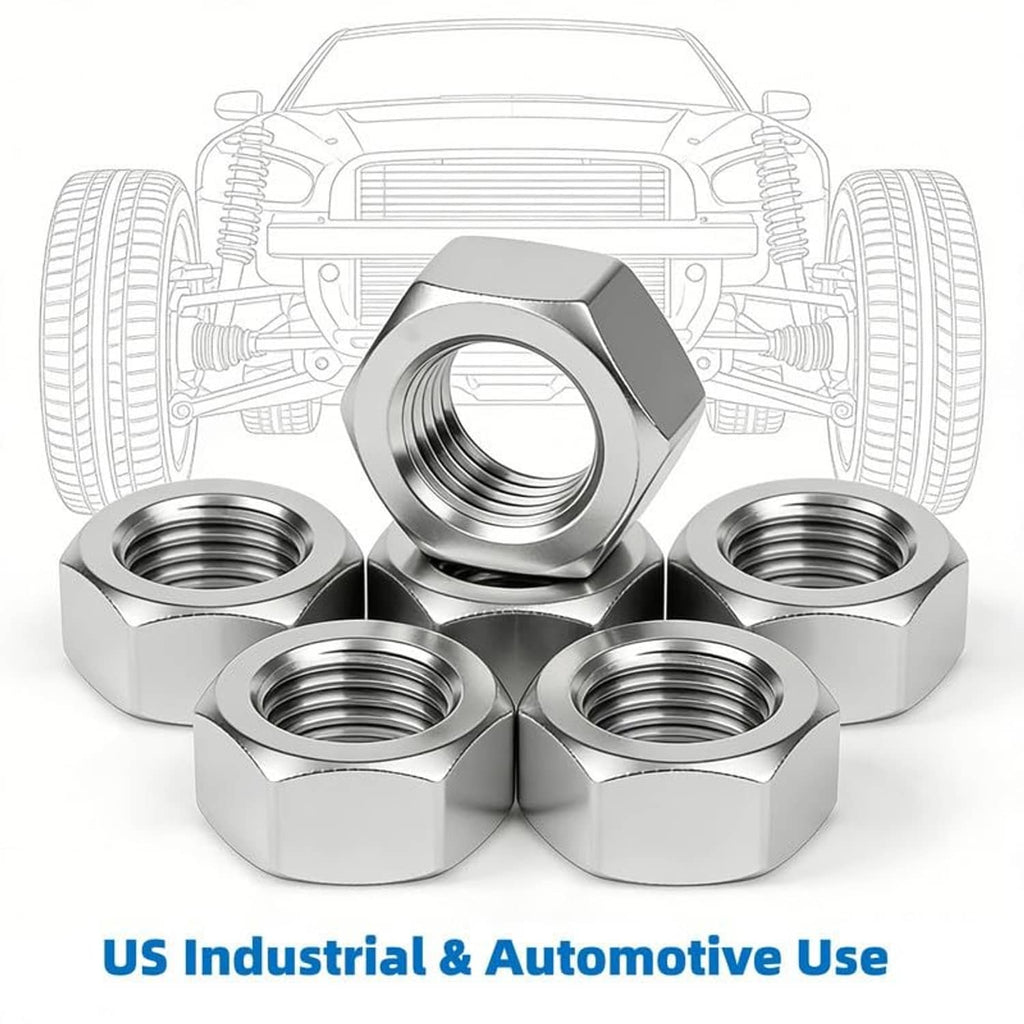 Cluster of stainless hex nuts with internal threads, hexagonal heads, polished finish
