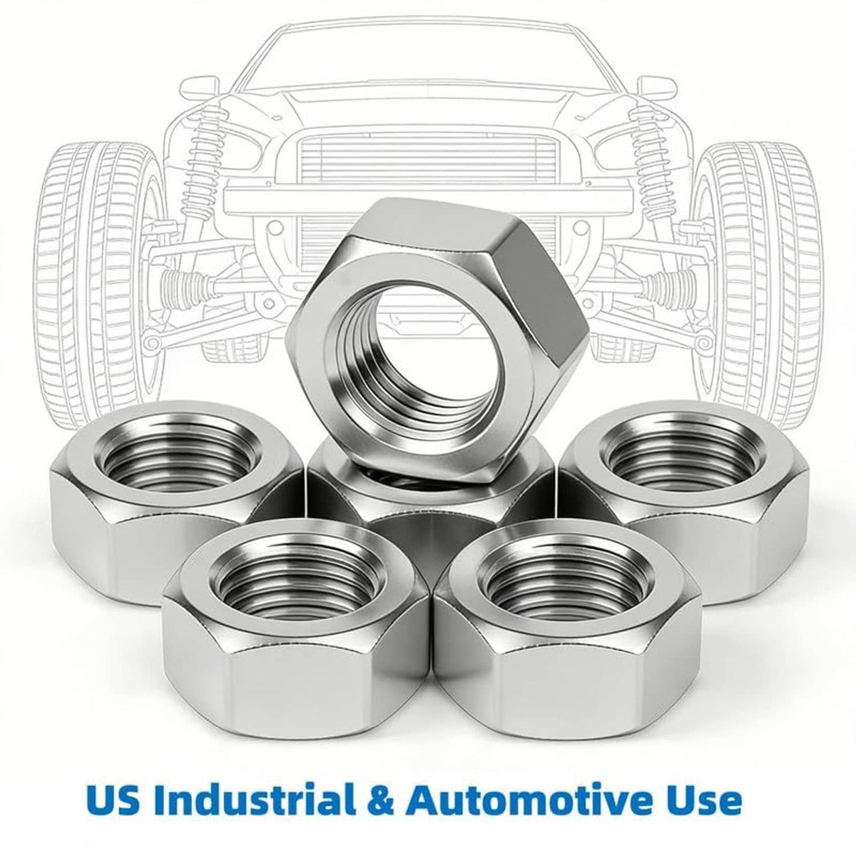 Cluster of stainless hex nuts with internal threads, hexagonal heads, polished finish