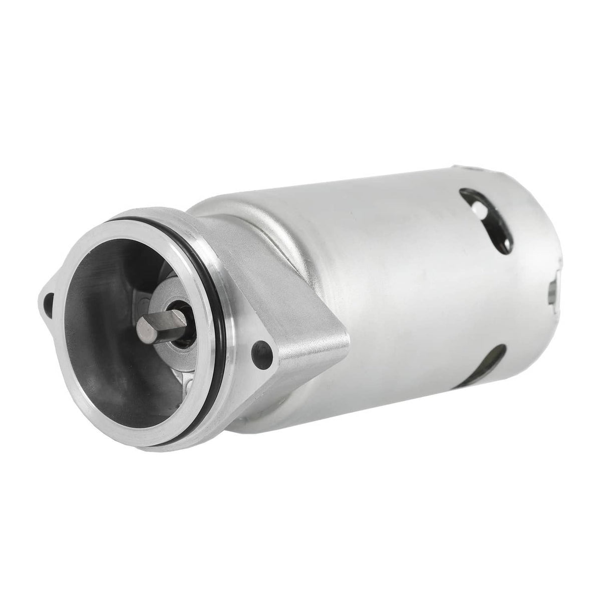 Hydraulic liftgate pump motor, silver metal cylinder with front circular port