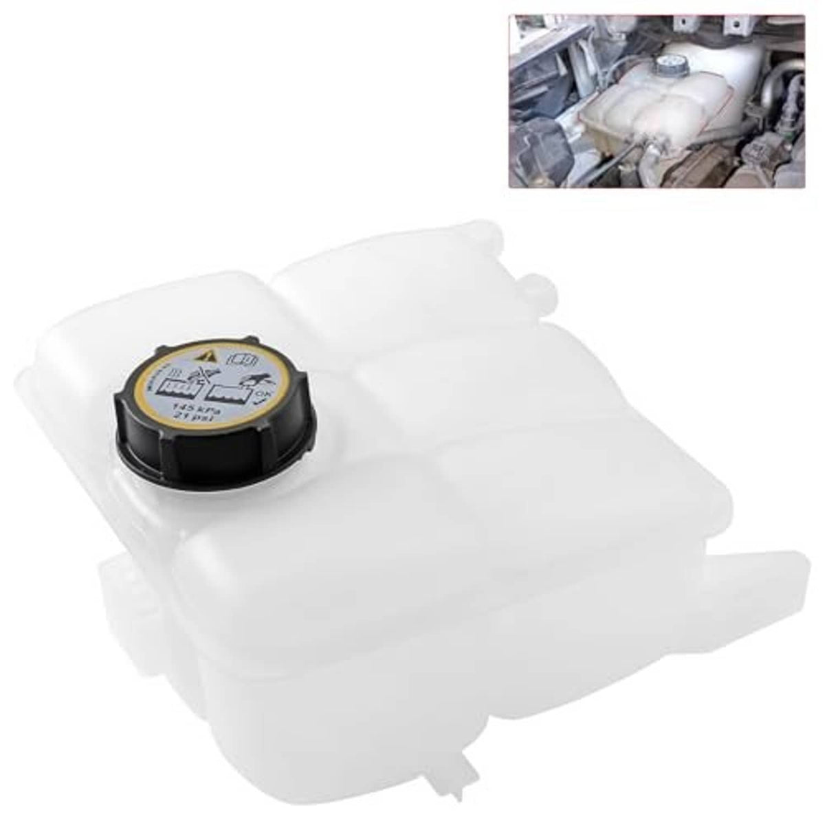 White coolant reservoir expansion tank with black cap, molded plastic body