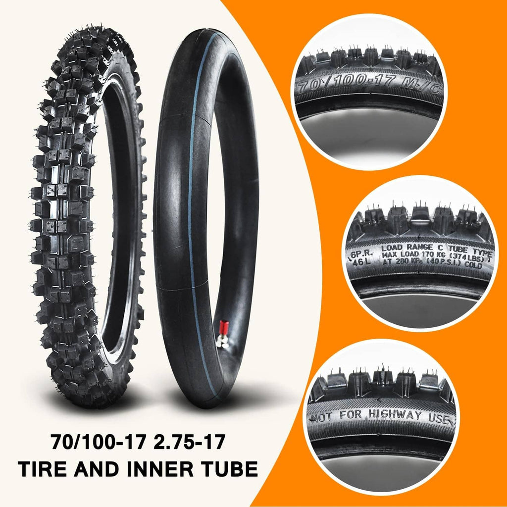 70/100-17 and 2.75-17 tire and inner tube set with knobby tread