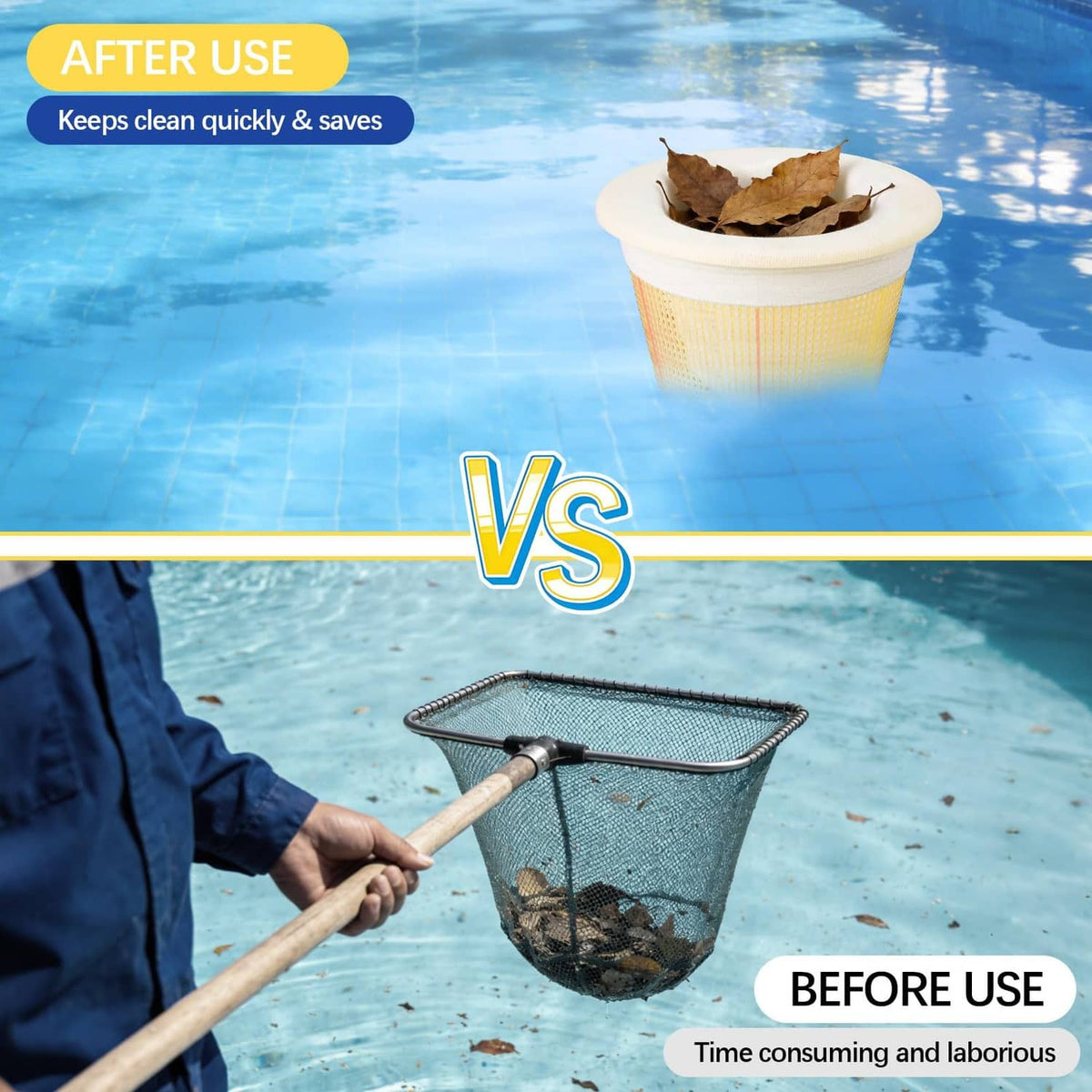 Used white pool skimmer filter sock covering a floating debris basket