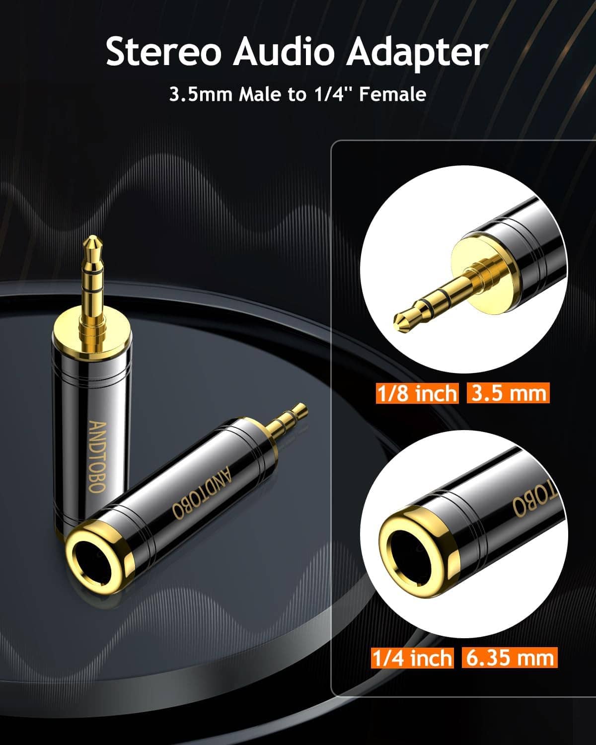 Stereo audio adapter, 3.5mm male to 1/4in female, black barrels with gold plug ends
