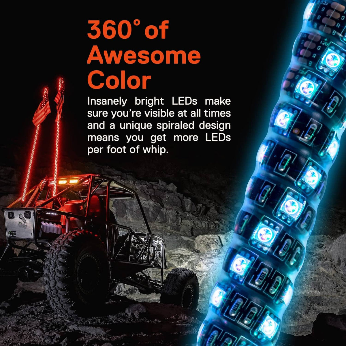 Spiral LED whip light with bright blue LEDs, black base, and attached cable