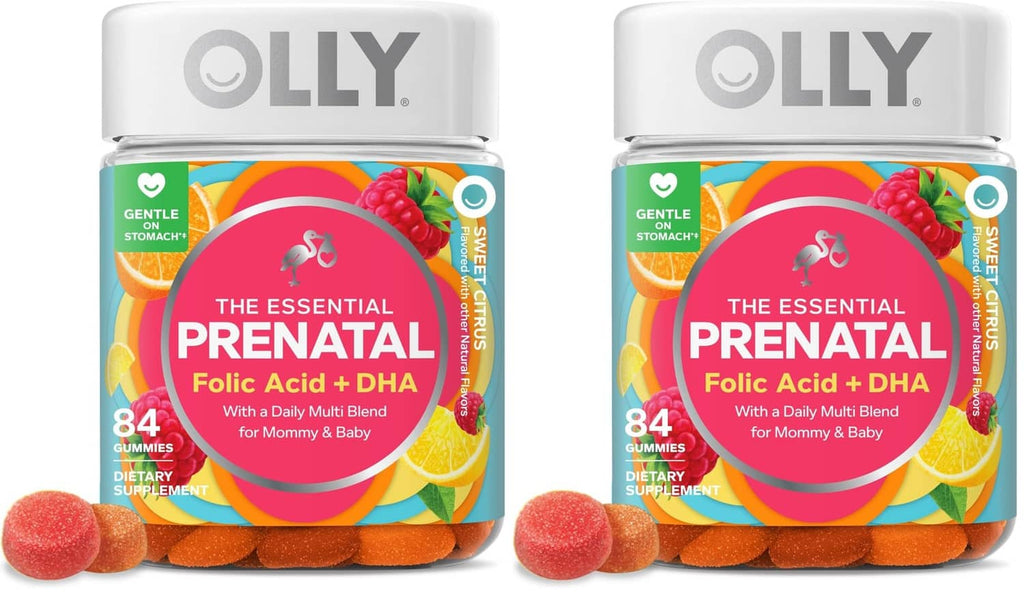 OLLY prenatal multivitamin gummy bottles, two-pack with white caps and Essential Prenatal labels