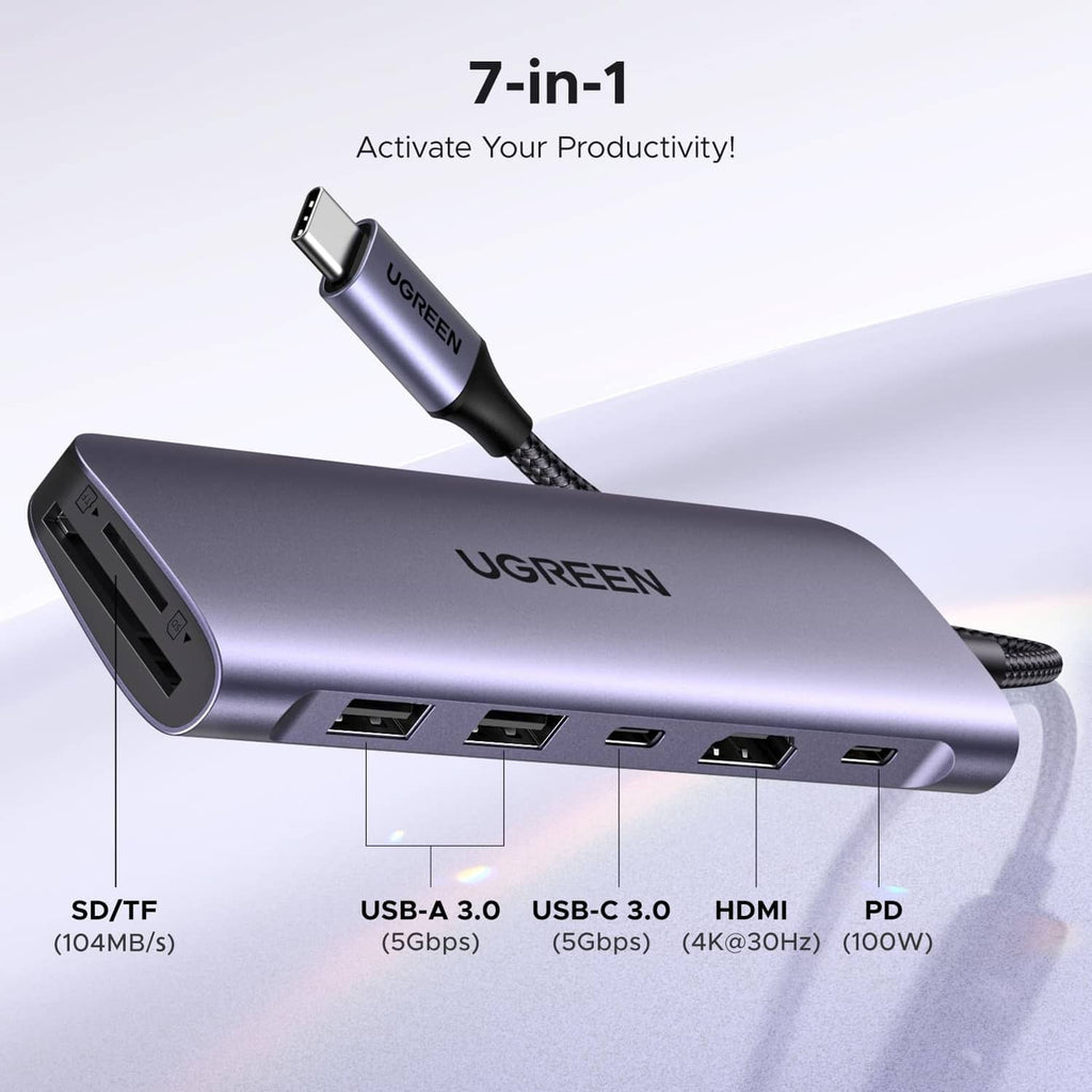 Space gray USB-C hub showing HDMI, USB-A, USB-C, and SD/TF access ports