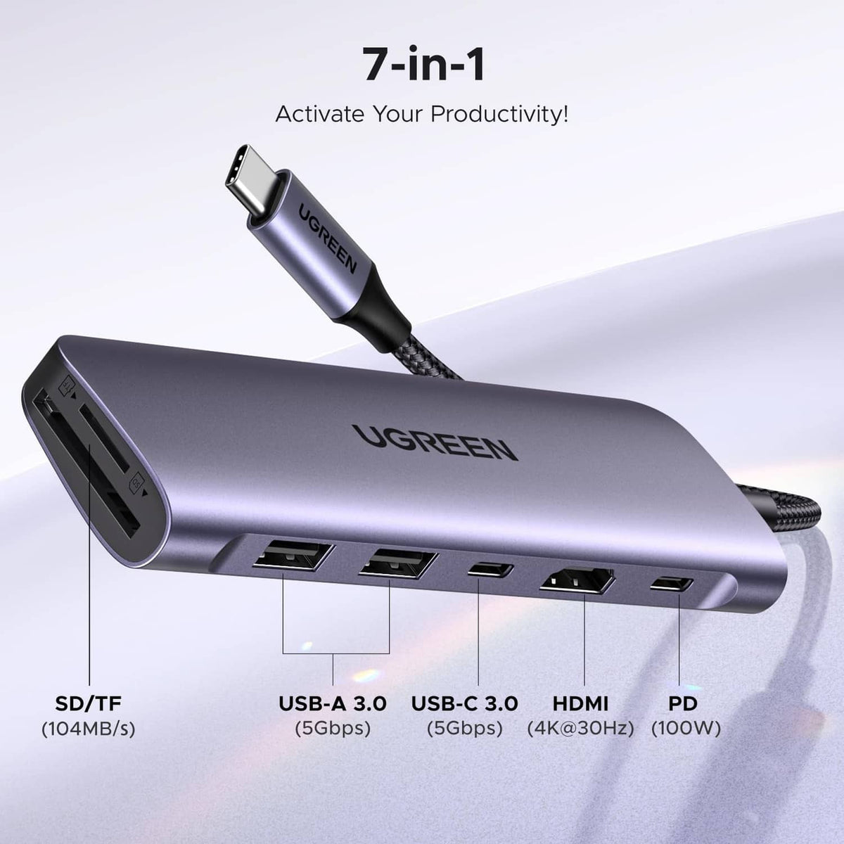 Space gray USB-C hub showing HDMI, USB-A, USB-C, and SD/TF access ports