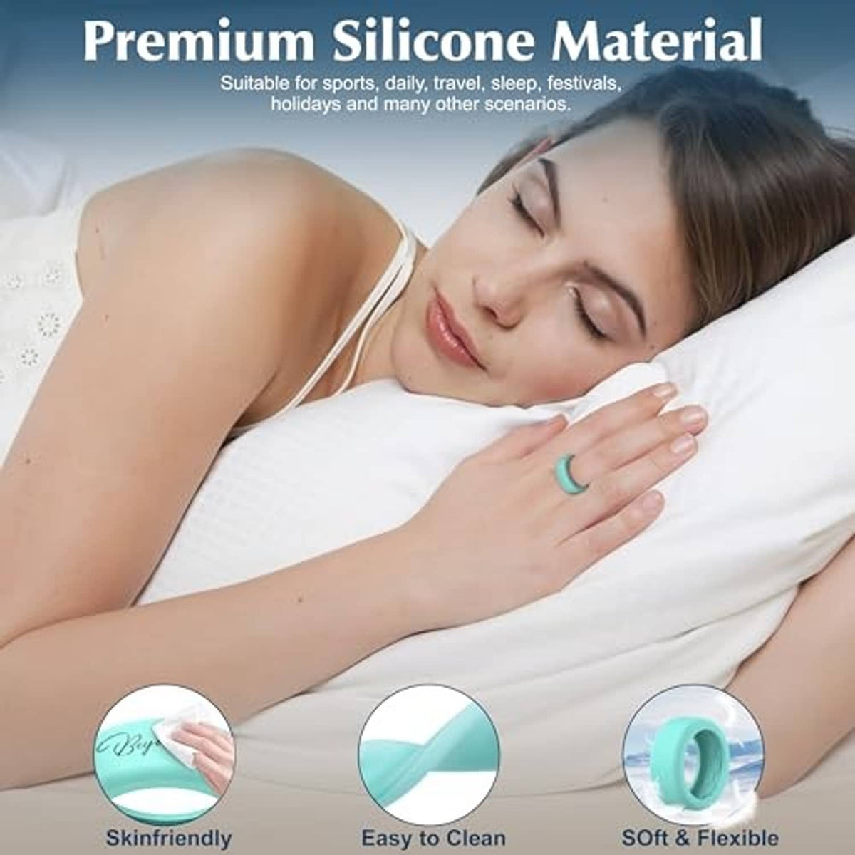 Soft silicone ring cover in white with teal accent inset and flexible design