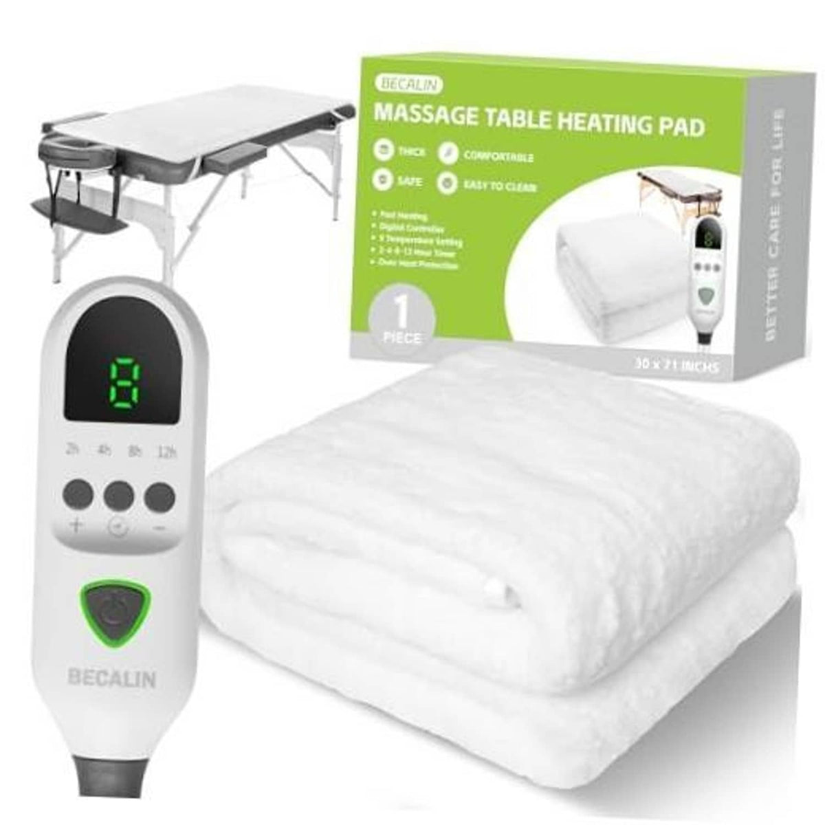 White massage table heating pad with controller showing temperature and timer