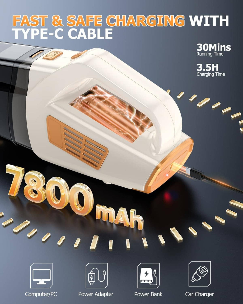 Beige handheld vacuum with Type-C charging port and orange vented air outlet