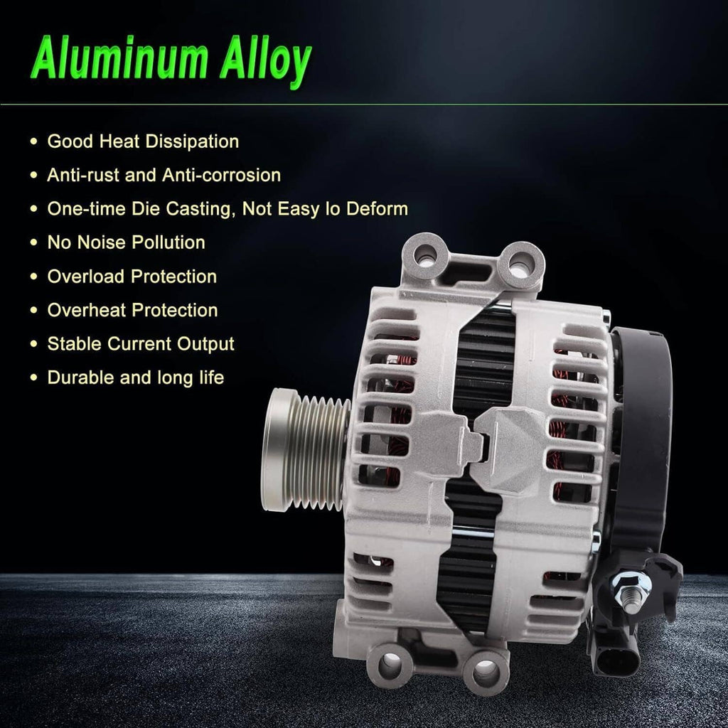 Automotive alternator with silver body and black electrical terminal blocks