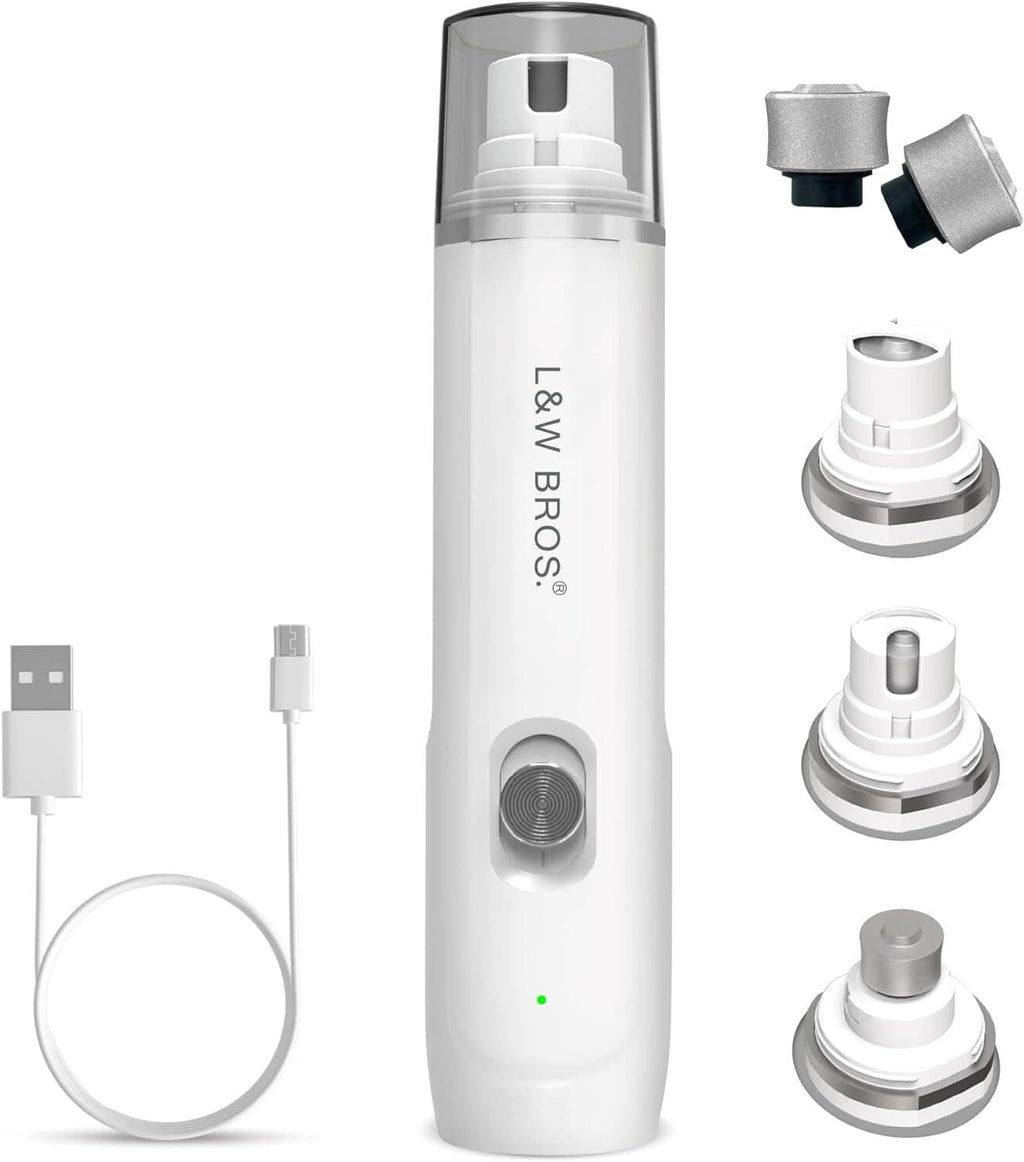 Rechargeable dog nail grinder with white body and metal grinding head
