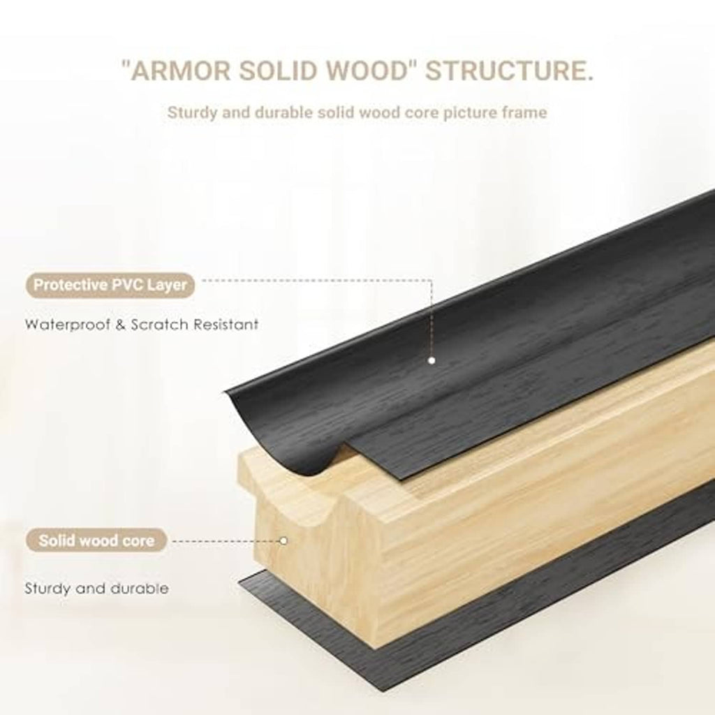 Black textured picture frame with solid wood core and protective PVC layer, side view