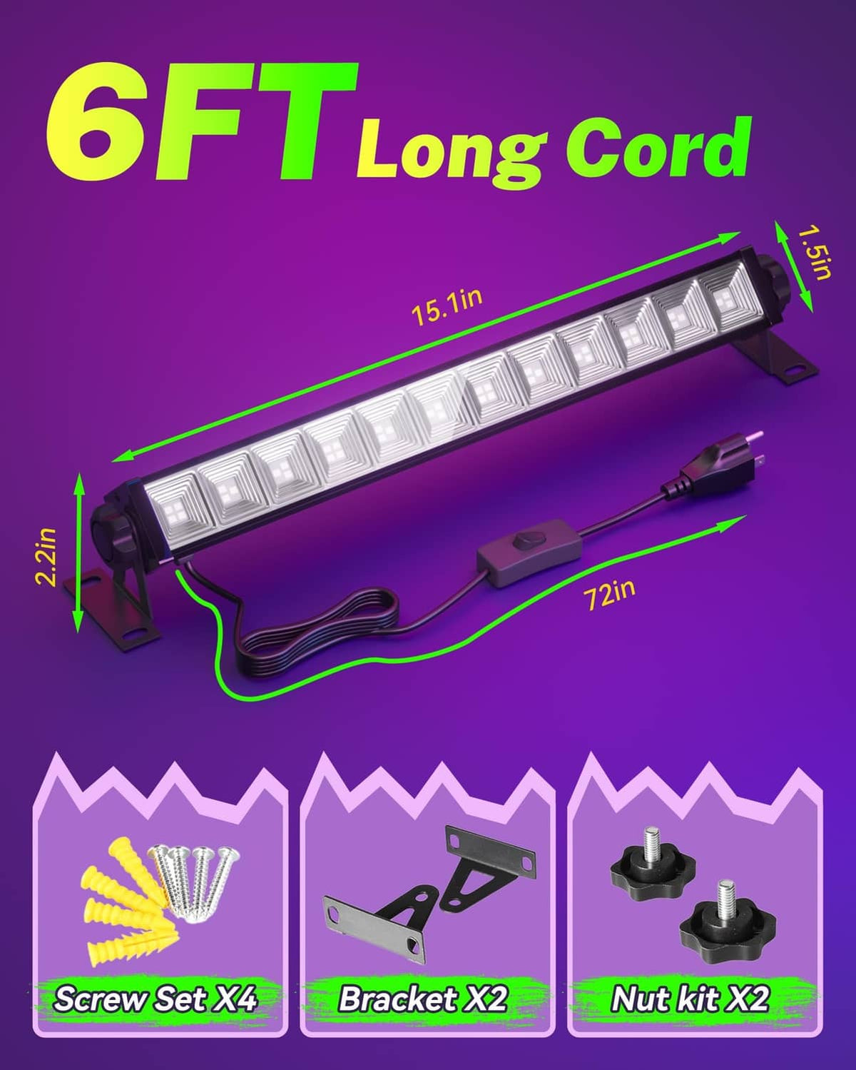 6.7 ft cord LED black light bar with mounting brackets, screws, and nuts