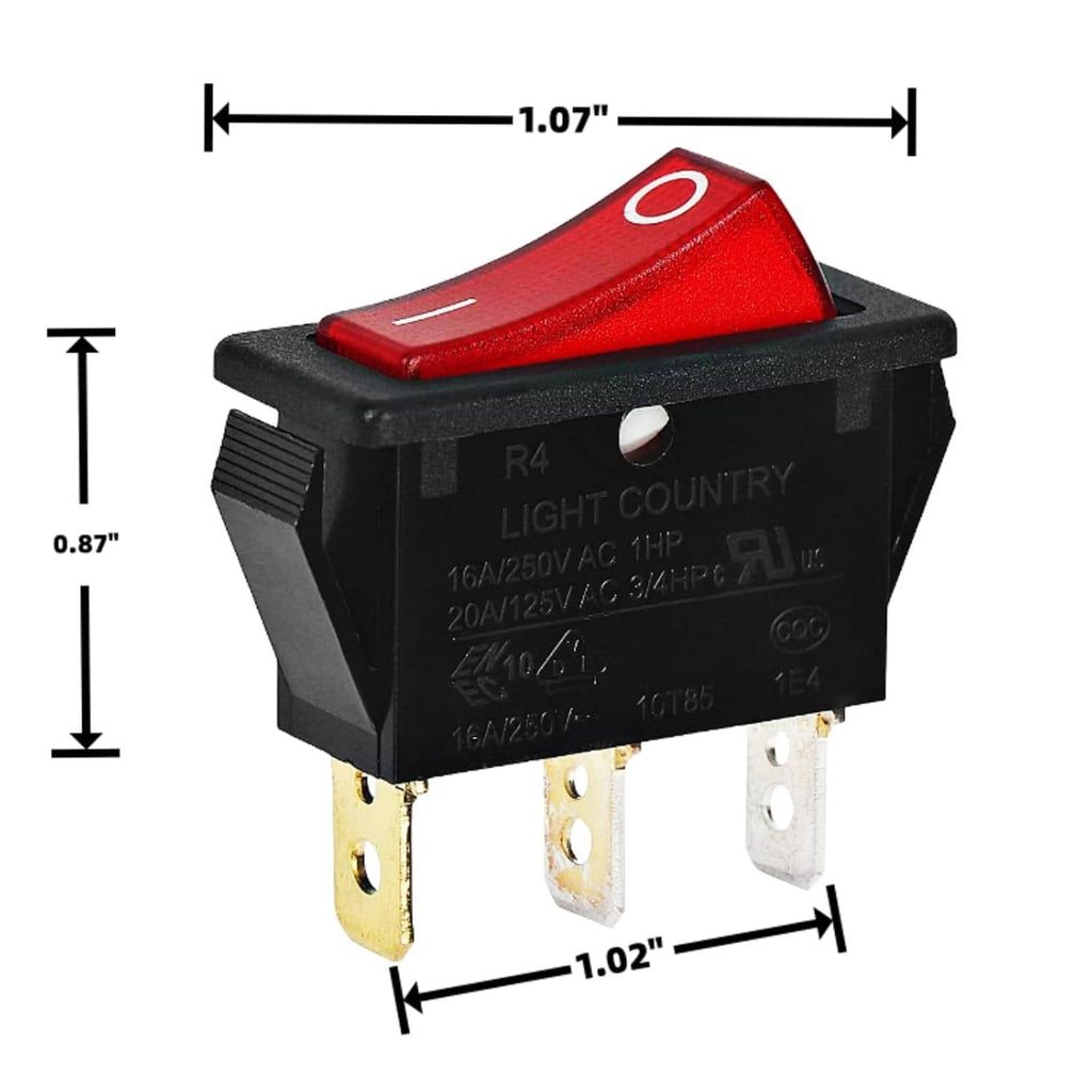 Red lighted rocker on/off switch with size markings 1.07 in and 0.87 in, 3 terminals