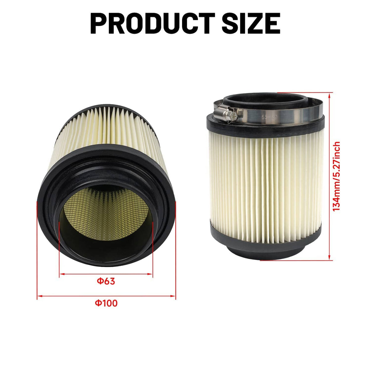 Air filter size view, cream pleated cartridge with black rubber end and inner mesh
