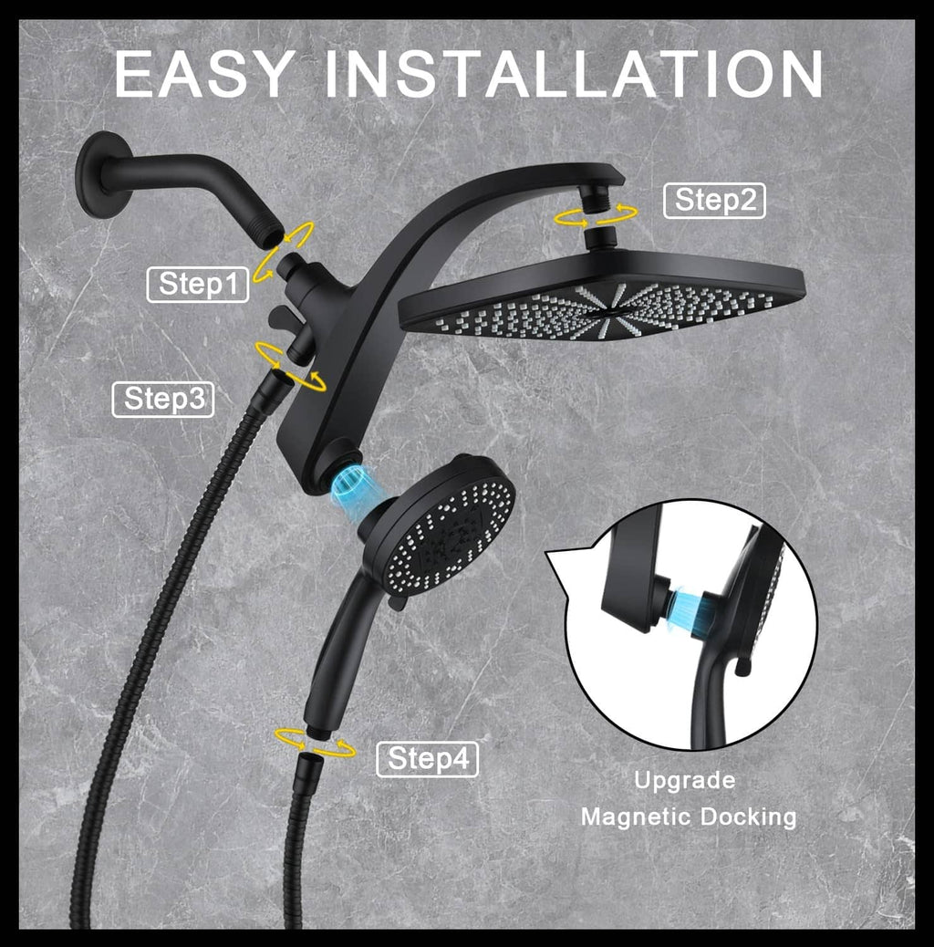 Black shower head with magnetic docking and handheld sprayer installation setup