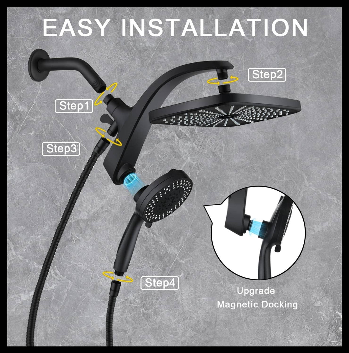 Black shower head with magnetic docking and handheld sprayer installation setup