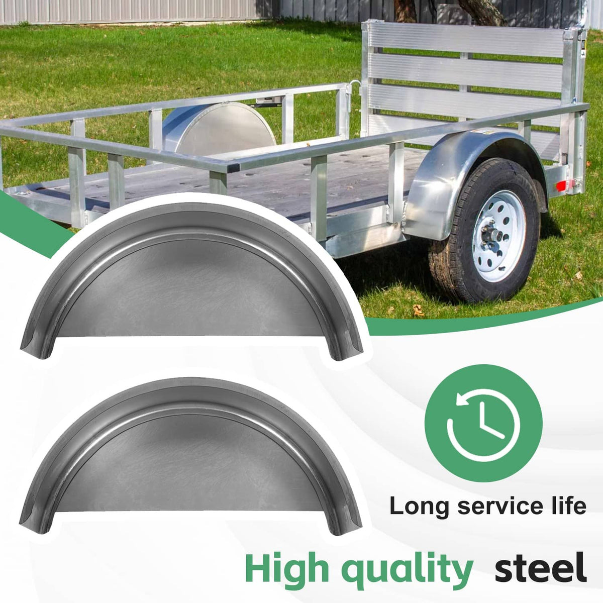 Front view of silver-gray steel round trailer fender over wheel area with back support