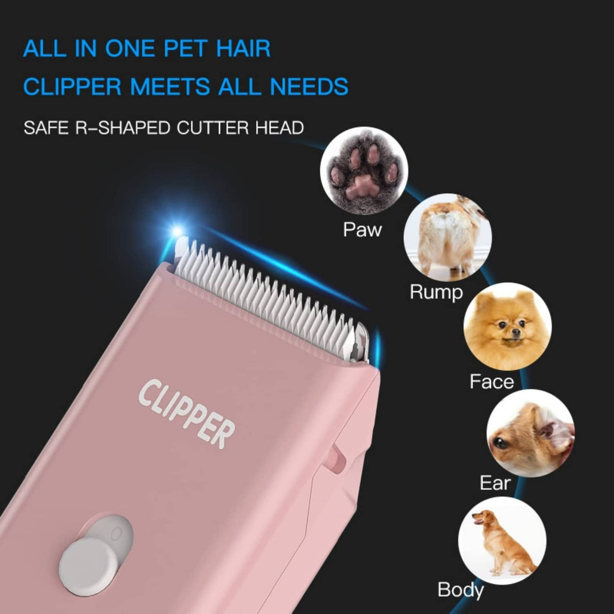 Pet hair clipper with comb-style cutting blades and side control dial