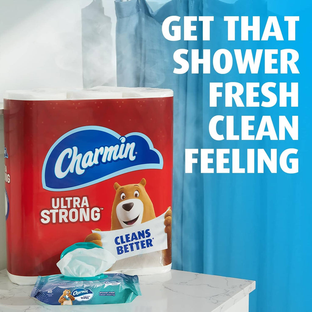 Charmin Ultra Strong wipes set with red and blue packages and wipe packet